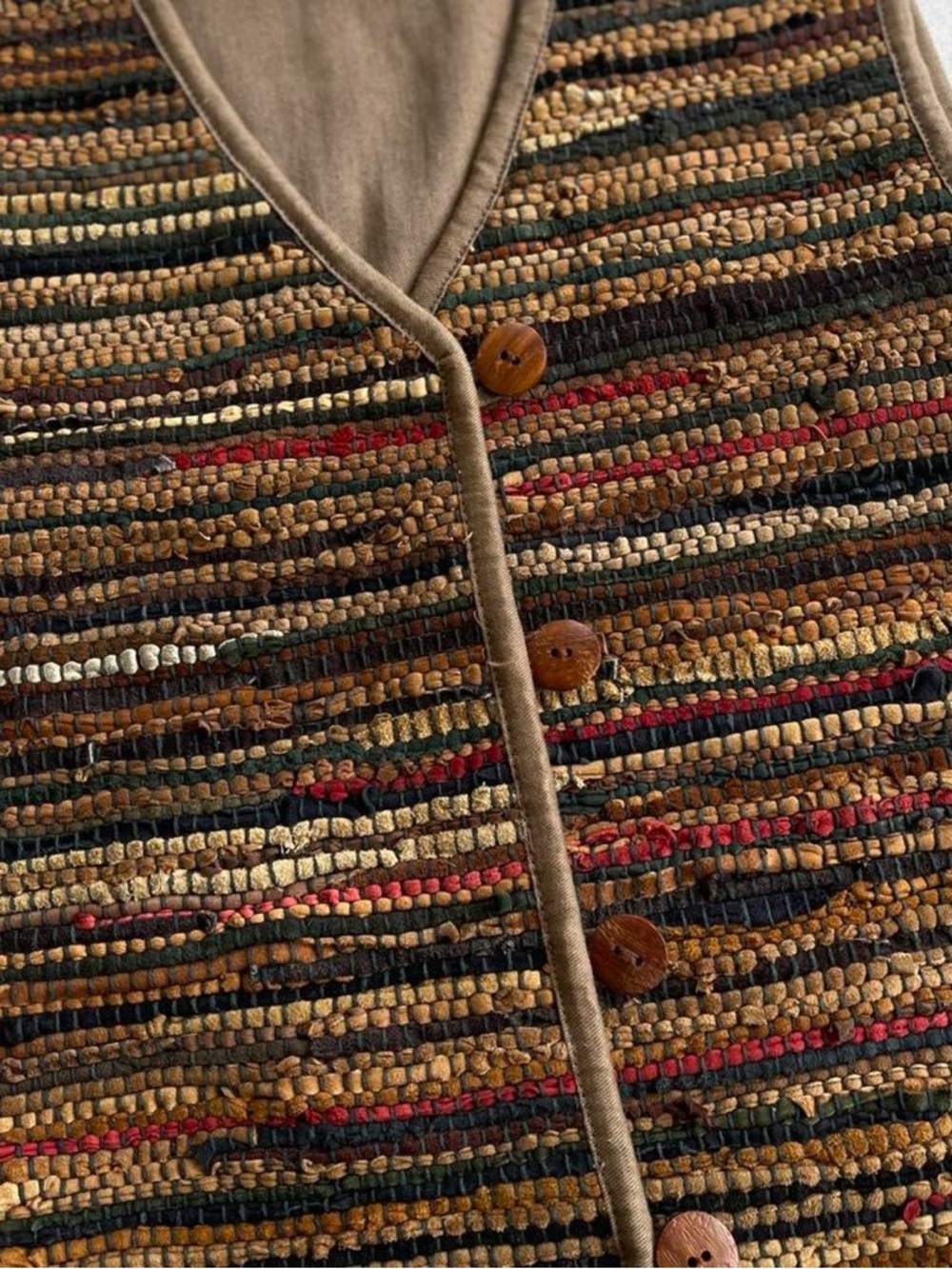 Vintage Northern Isles Multicolored Suede Leather Woven Tan Cotton Vest S - Picture 3 of 6